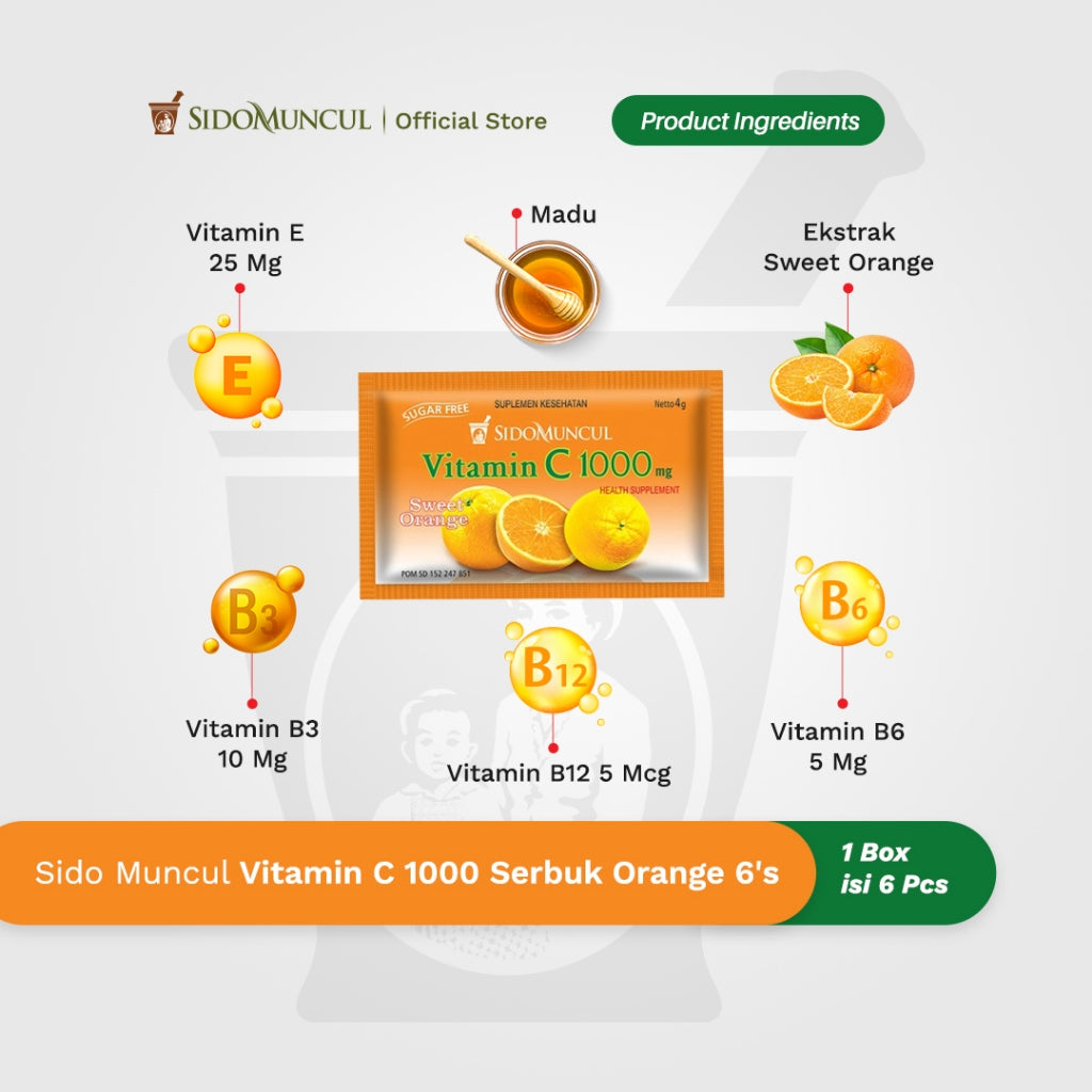 Sido Muncul Vitamin C 1000 Serbuk/Powder 1 box with 6 sachets x 4 gram - Jaga Daya Tahan Tubuh (SG)