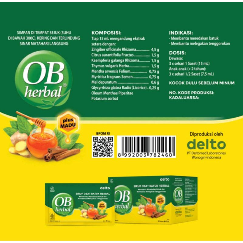 OB Herbal Delto Box 10 sachet X 15ML and OB Herbal JUNIOR batuk 60ML (SG)
