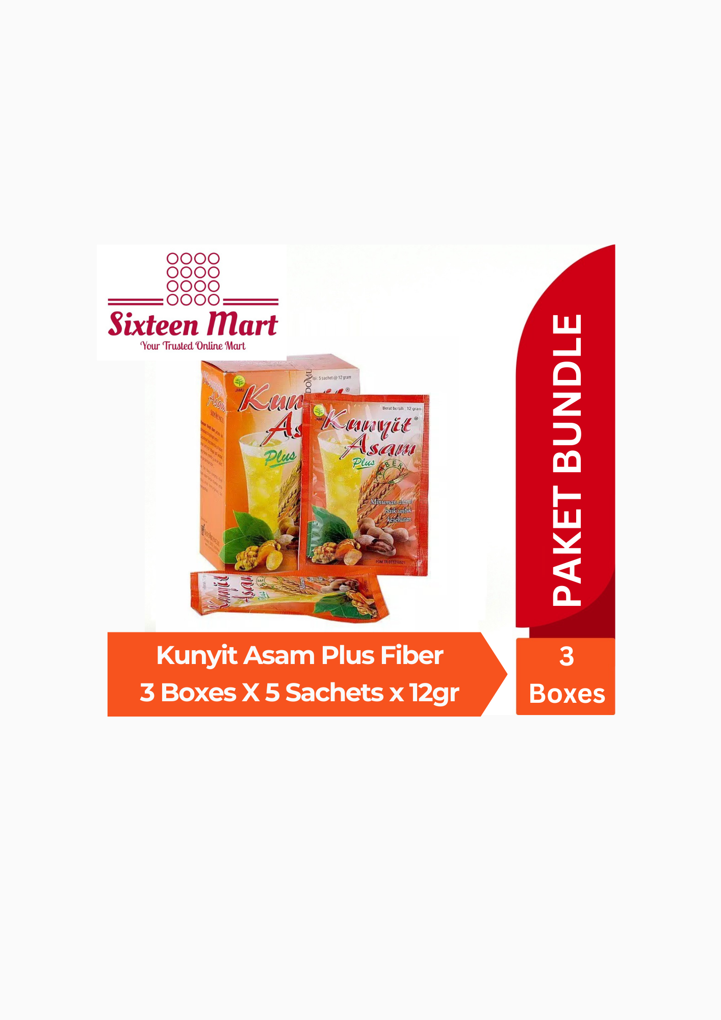 SIDOMUNCUL Minuman Kunyit Asam PLUS FIBER - BUNDLE of 3 boxes x 5 sachet x 12 gr per box - Membantu Melancarkan Haid dan Melancarkan BAB