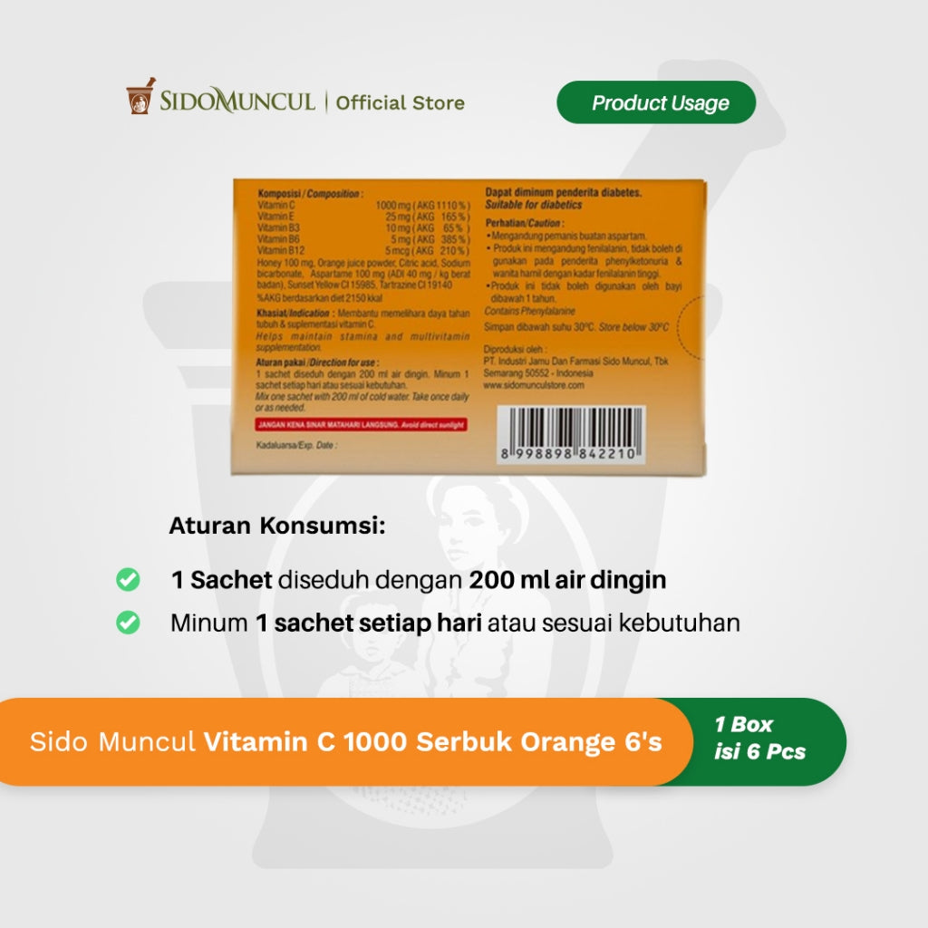 Sido Muncul Vitamin C 1000 Serbuk/Powder 1 box with 6 sachets x 4 gram - Jaga Daya Tahan Tubuh (SG)