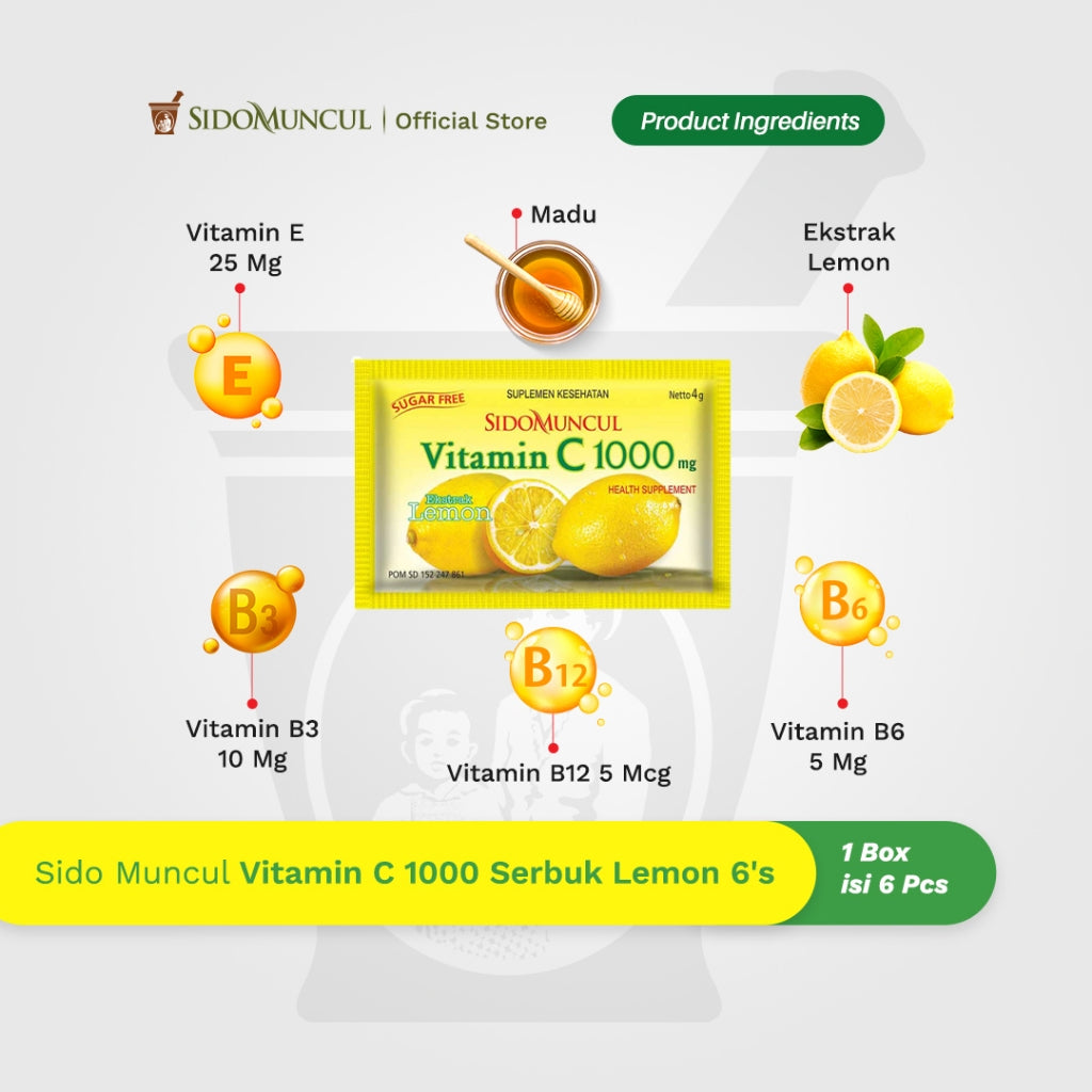 Sido Muncul Vitamin C 1000 Serbuk/Powder 1 box with 6 sachets x 4 gram - Jaga Daya Tahan Tubuh (SG)