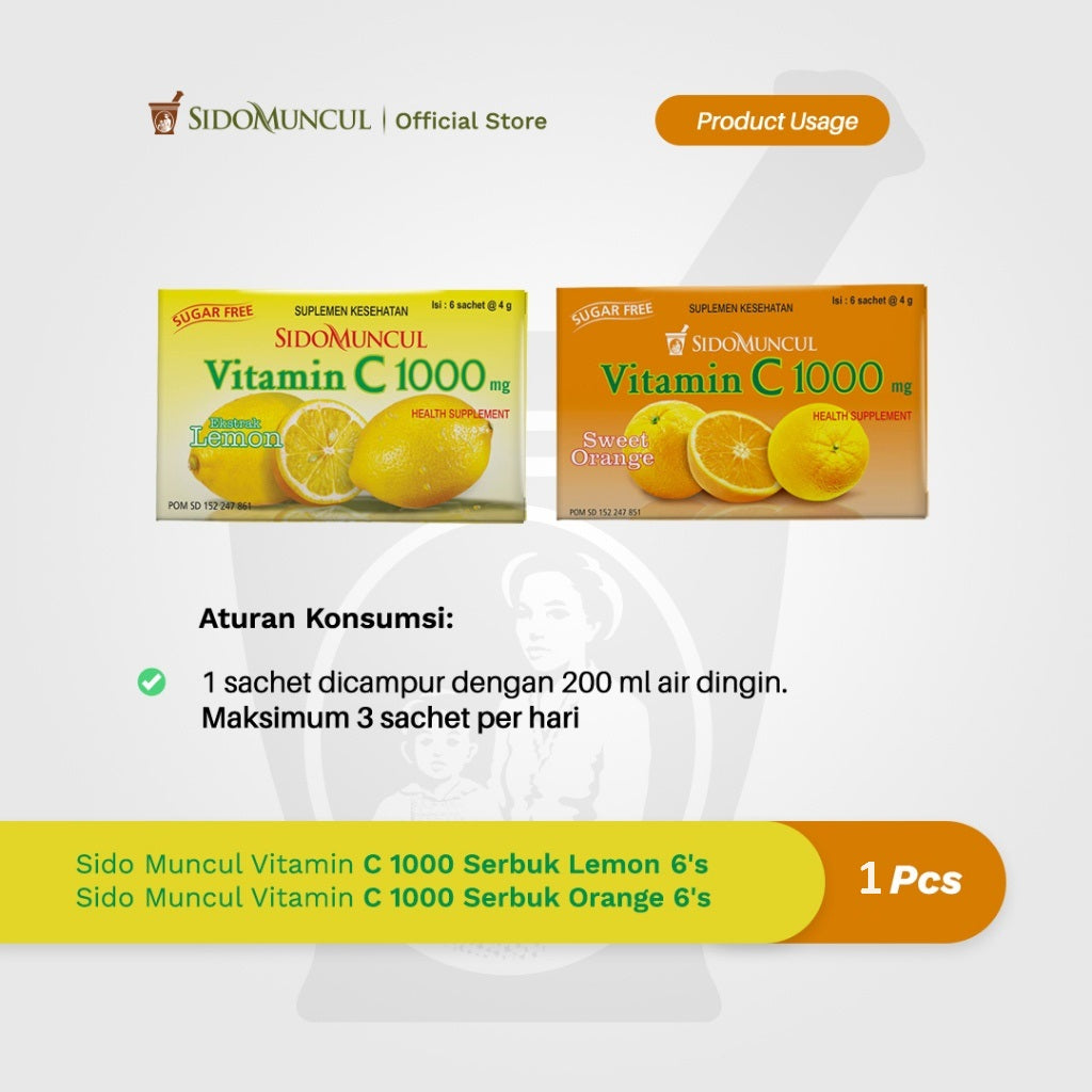 Sido Muncul Vitamin C 1000 Serbuk/Powder 1 box with 6 sachets x 4 gram - Jaga Daya Tahan Tubuh (SG)