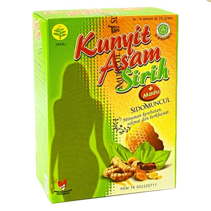 SIDOMUNCUL Kunyit Asam atau Kunyit Asam Sirih+Madu, 5 sachet x 25 g per box - Mengurangi Bau Badan dan Memperlancar Haid  (SG)