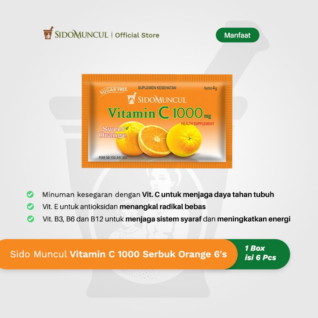 Sido Muncul Vitamin C 1000 Serbuk/Powder 1 box with 6 sachets x 4 gram - Jaga Daya Tahan Tubuh (SG)