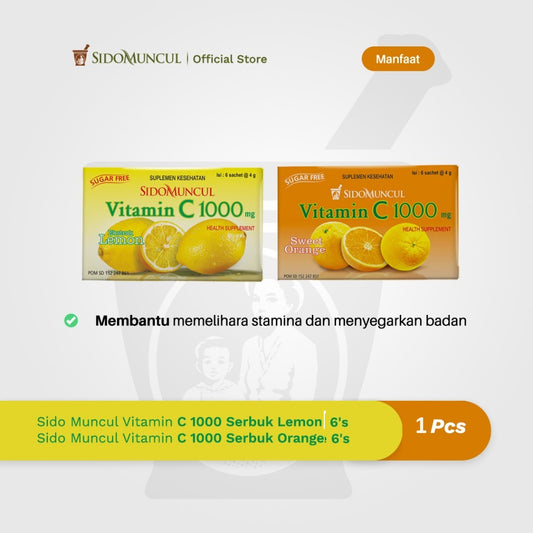 Sido Muncul Vitamin C 1000 Serbuk/Powder 1 box with 6 sachets x 4 gram - Jaga Daya Tahan Tubuh (SG)